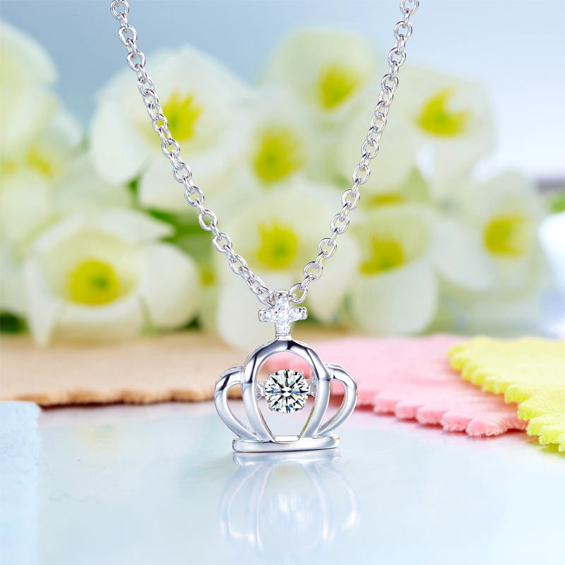 Crown Dancing Stone Kids Girl Pendant Necklace Solid 925 Sterling Silver Children Jewelry XFN8071-3