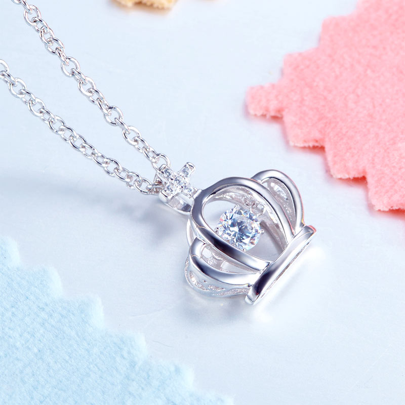 Crown Dancing Stone Kids Girl Pendant Necklace Solid 925 Sterling Silver Children Jewelry XFN8071-4