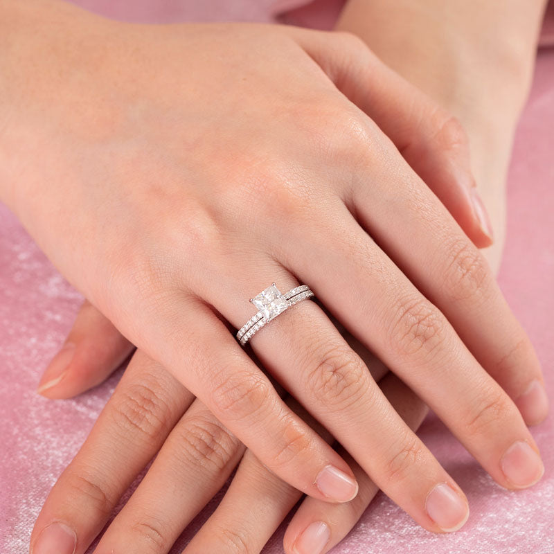 Princess Cut 1 Carat Moissanite Diamond  Ring Set (1 pcs / 2 pcs) 925 Sterling Silver MFR8365-3