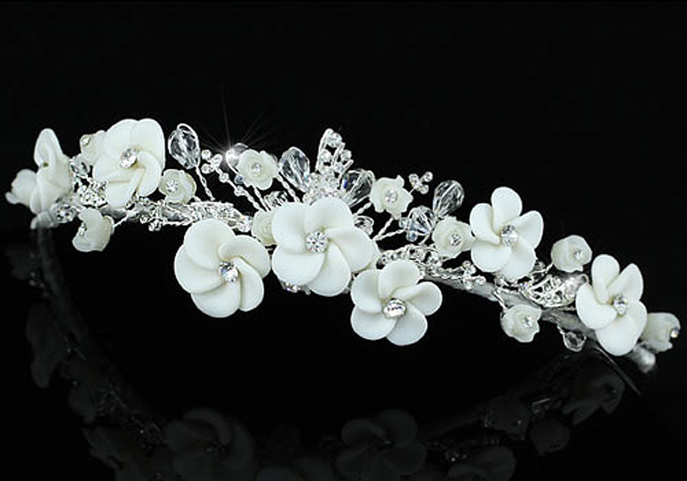 Bridal Handmade White Flower Crystal Tiara XT1444-0
