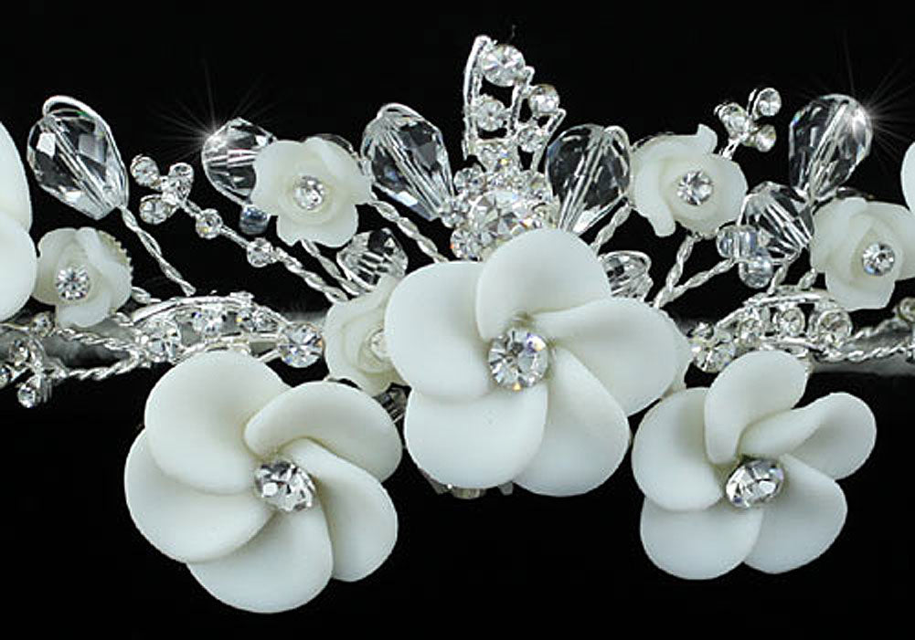 Bridal Handmade White Flower Crystal Tiara XT1444-1