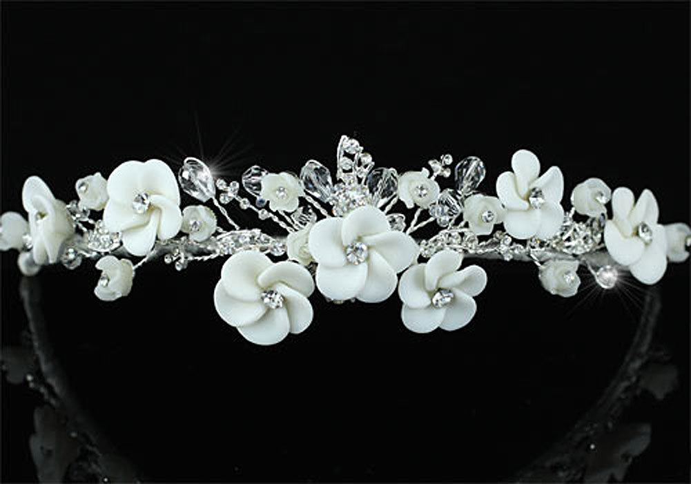 Bridal Handmade White Flower Crystal Tiara XT1444-2