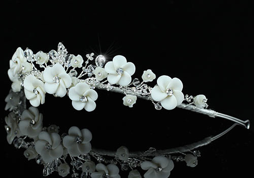 Bridal Handmade White Flower Crystal Tiara XT1444-3