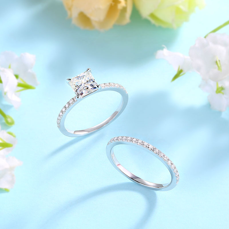 Princess Cut 1 Carat Moissanite Diamond  Ring Set (1 pcs / 2 pcs) 925 Sterling Silver MFR8365-2